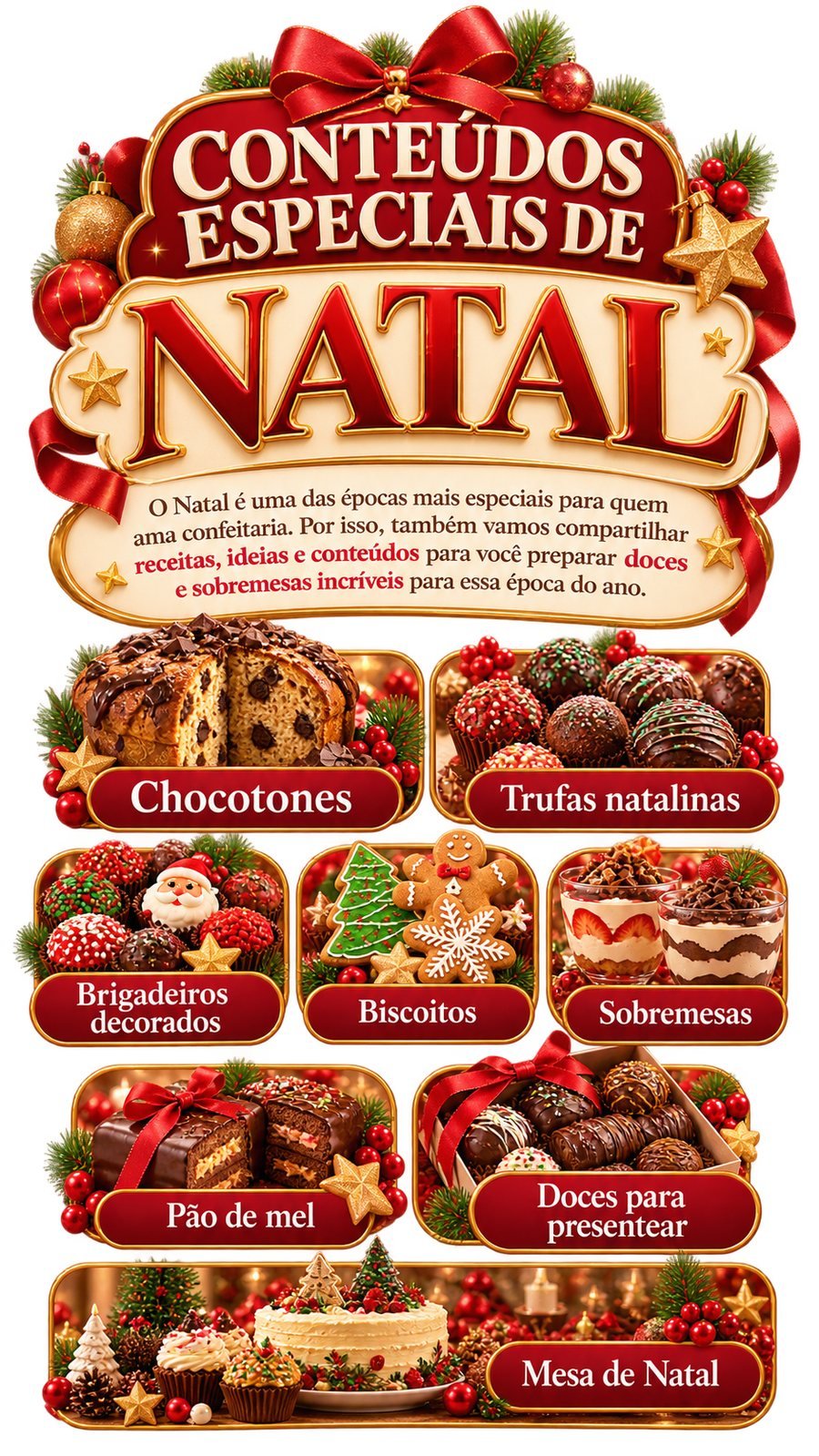 Conteúdos especiais de Natal: o Natal é uma das épocas mais especiais para quem ama confeitaria. Por isso, também vamos compartilhar receitas, ideias e conteúdos para você preparar doces e sobremesas incríveis para essa época do ano. Chocotones, trufas natalinas, brigadeiros decorados, biscoitos, sobremesas, pão de mel, doces para presentear e mesa de Natal.